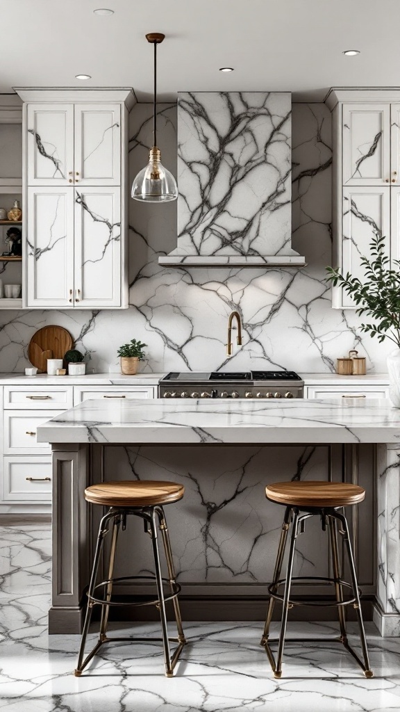 A luxurious kitchen featuring elegant marble countertops and a stylish island with wooden stools.