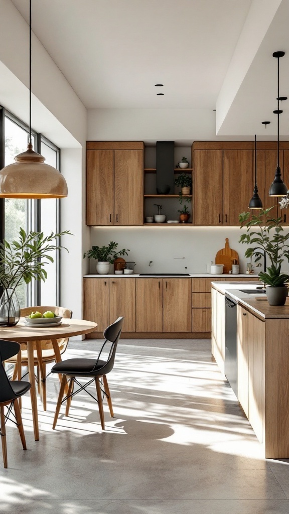 A modern open concept kitchen with wooden cabinets, a round dining table, and large windows allowing natural light.