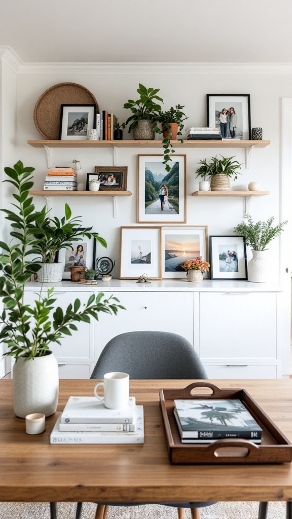 A stylish living room and dining room combo featuring shelves with plants and framed photos, a wooden table with books and a cup.