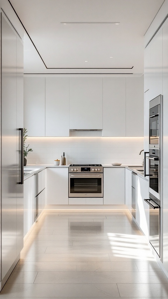 A sleek minimalist kitchen with white cabinetry and modern appliances