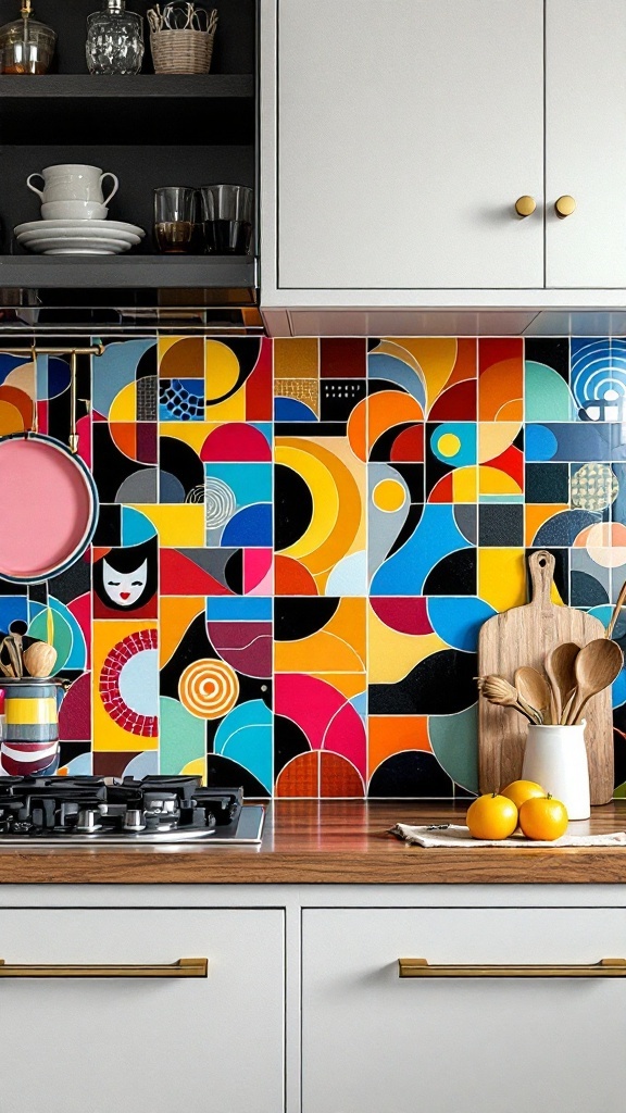 A colorful and artistic tiled backsplash in a modern kitchen