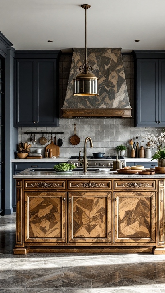 Stylish kitchen island with wooden cabinetry and gray cabinets