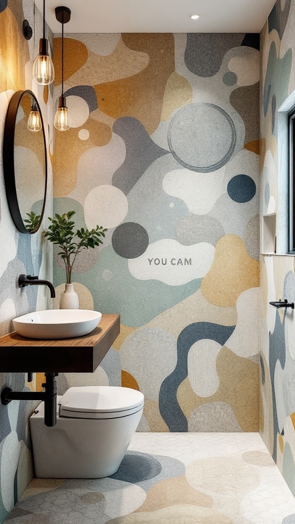 A stylish bathroom featuring artistic wall patterns, modern sink, and a small plant.