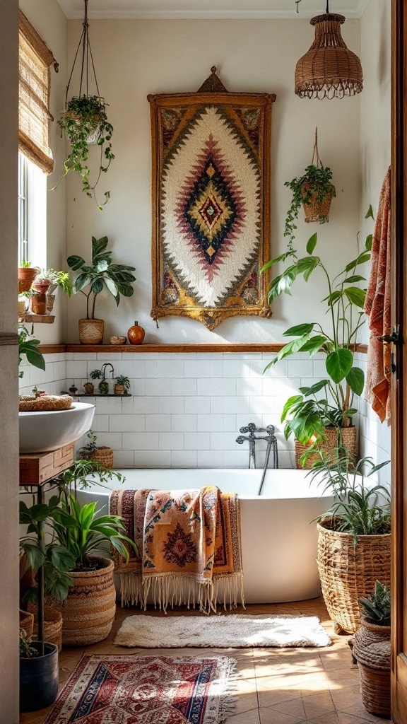 A bohemian-inspired bathroom featuring plants, textiles, and unique decor.