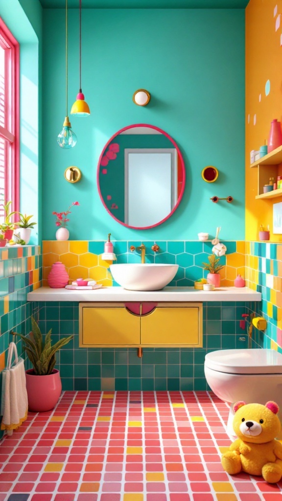 A colorful bathroom featuring teal walls, yellow accents, and a playful design with hexagon tiles on the floor.