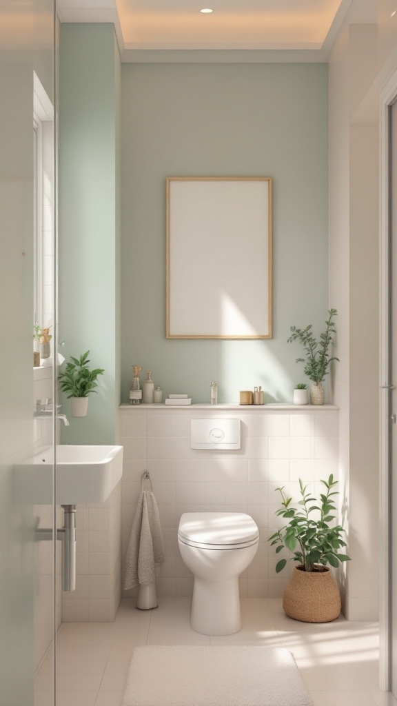 A small bathroom with soft green walls, white tiles, and decorative plants.
