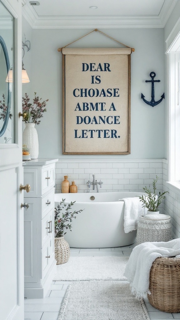 Coastal-inspired bathroom with a freestanding tub, woven baskets, and playful wall art