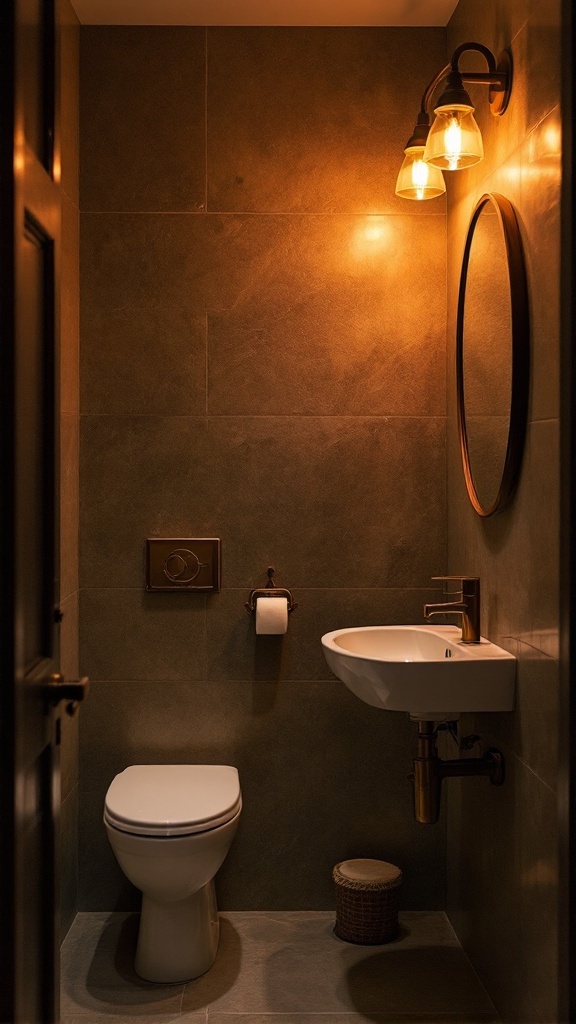 A small bathroom with warm lighting, featuring a modern sink, mirror, and a toilet.