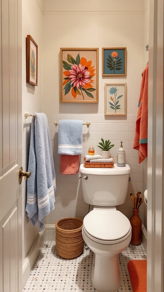 A small bathroom with floral artwork, colorful towels, and a plant.