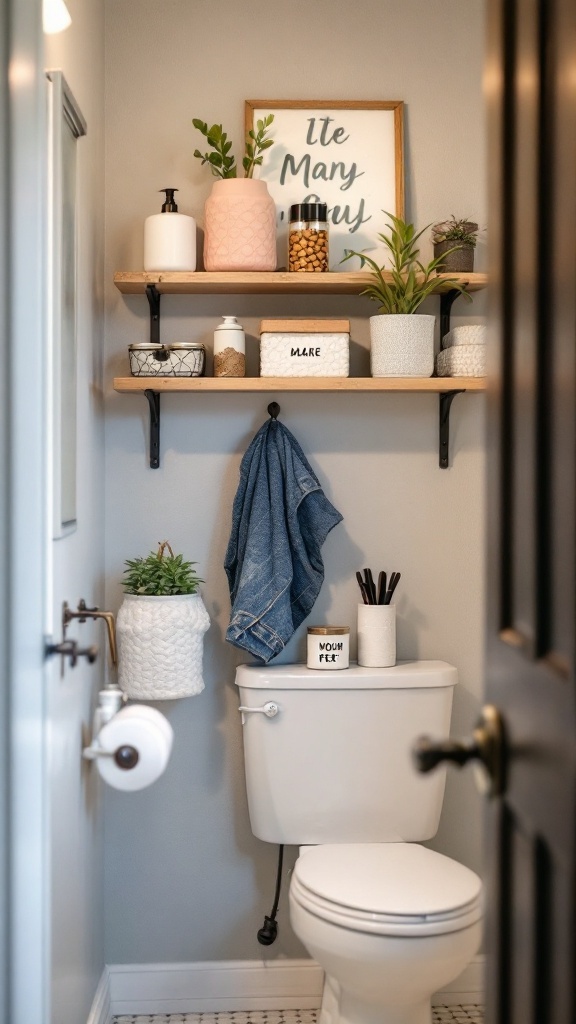 Organized bathroom with shelves above the toilet holding various decorative containers and plants.