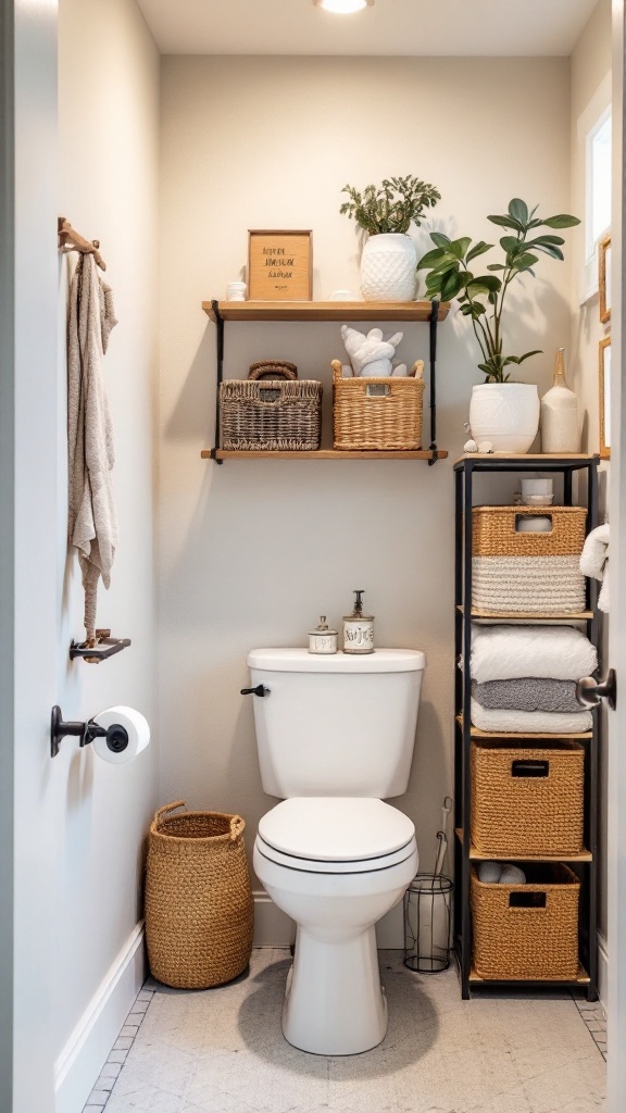 Small bathroom with functional storage solutions including shelves, baskets, and plants.