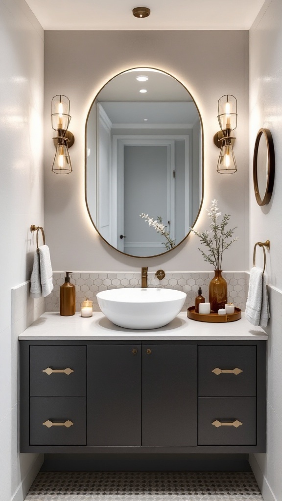 A stylish small bathroom featuring an oval mirror with warm lighting, stylish fixtures, and modern decor.