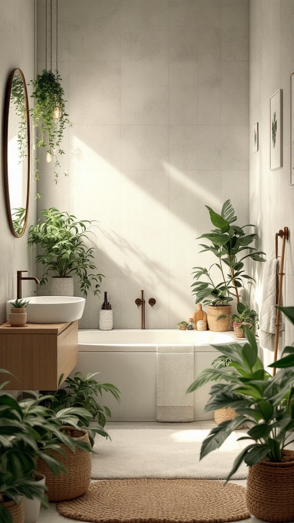 A small bathroom featuring plants, a bathtub, and natural decor.