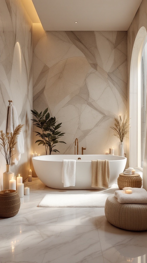 A luxurious bathroom featuring a freestanding tub, warm lighting, neutral tones, and candles for a spa-like ambiance.