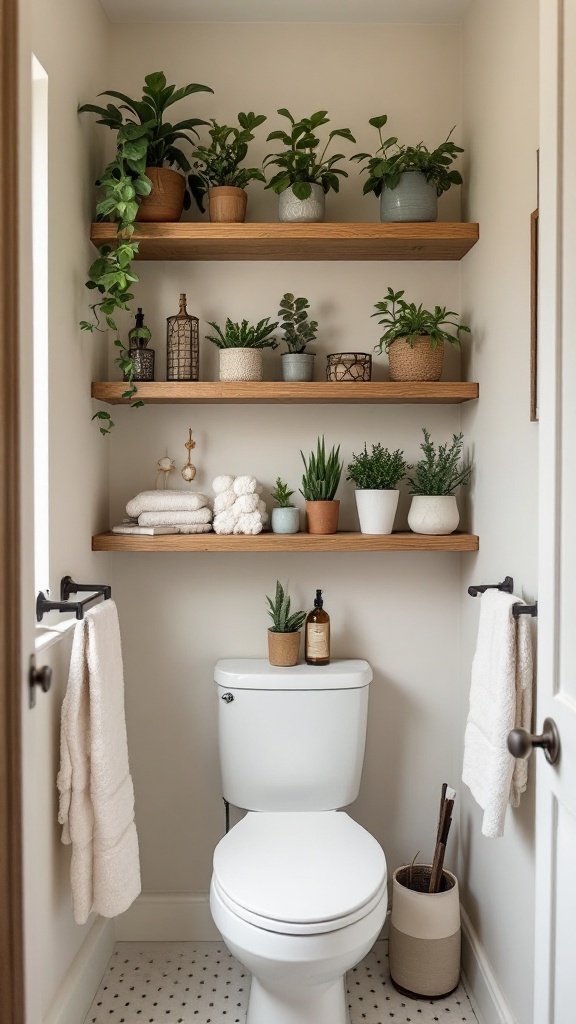 A small bathroom featuring wooden shelves filled with plants, towels, and decorative items above a toilet.