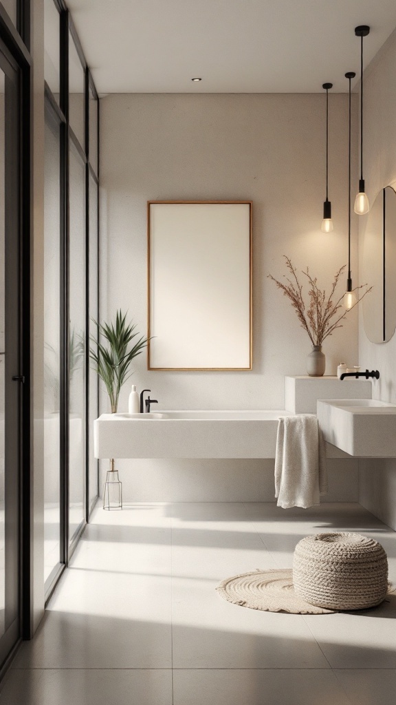 A modern minimalist bathroom featuring a floating bathtub, sink, large windows, natural light, and simple decor.