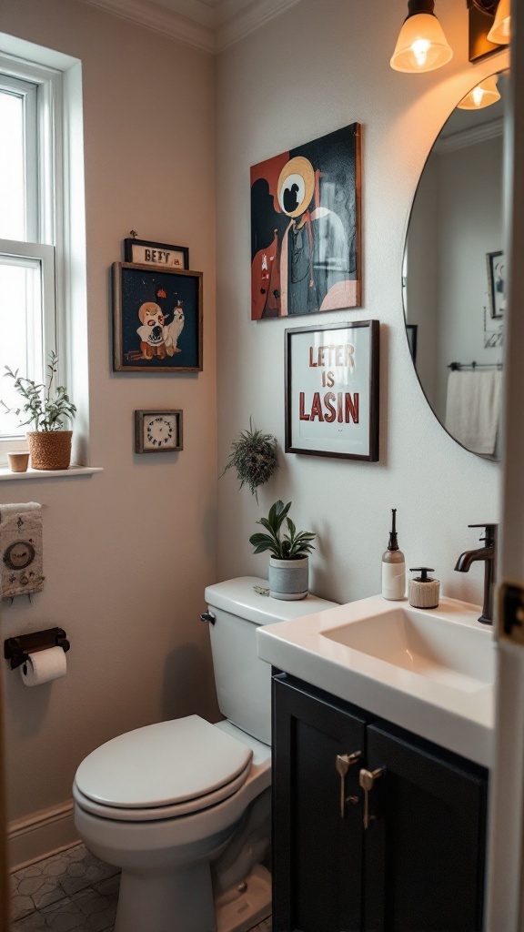 Small bathroom with artwork and plants