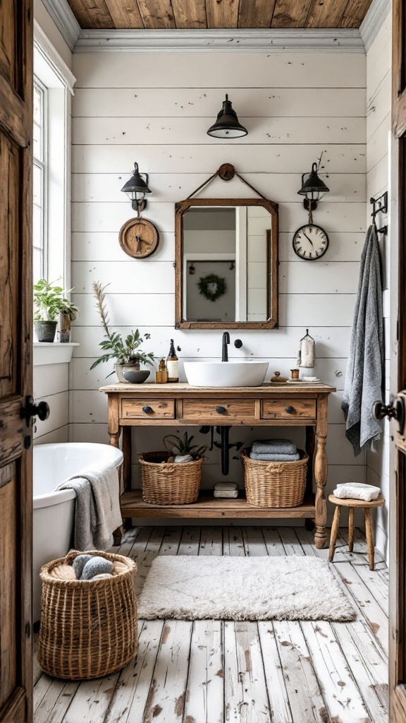 A rustic farmhouse bathroom with wooden elements, shiplap walls, and natural decor