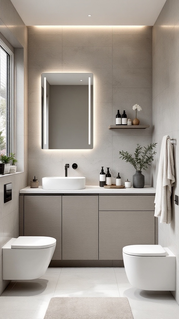 A modern bathroom featuring sleek fixtures, a floating vanity, and a backlit mirror.