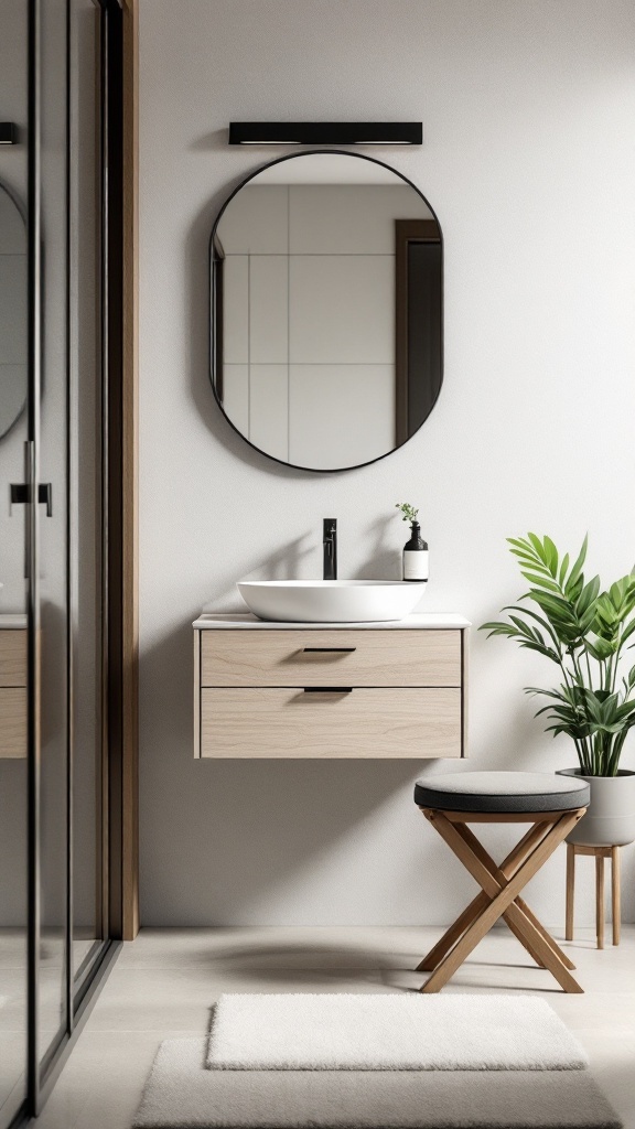 A small modern bathroom featuring a floating vanity, round mirror, and a stool.