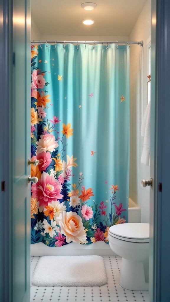 A small bathroom featuring a colorful floral shower curtain and a white rug.