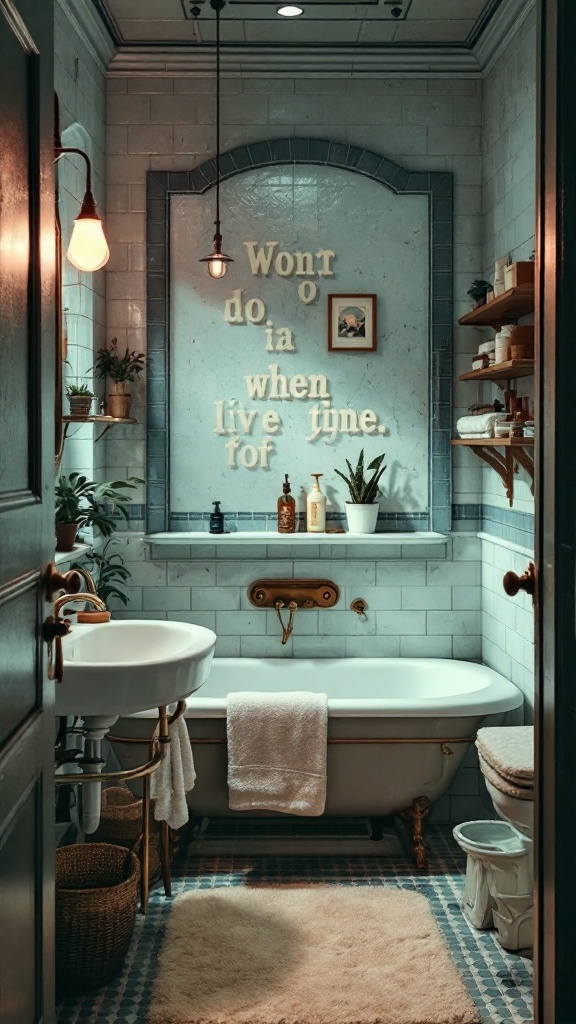 A vintage-style bathroom featuring a clawfoot tub, retro light fixtures, wall art, and plants.