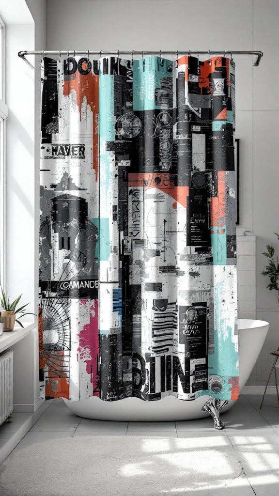 A colorful and artistic shower curtain with urban-inspired design, featuring a mix of black, white, and bright colors.