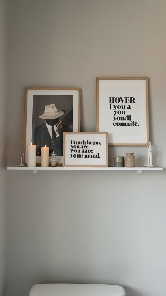 A bathroom shelf decorated with framed prints and candles.