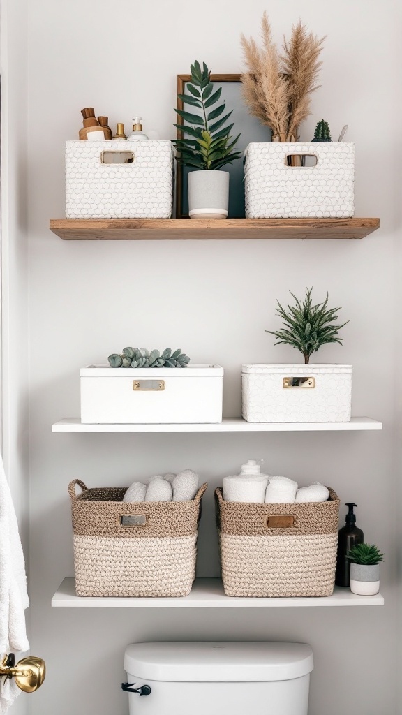 A bathroom shelf decorated with woven baskets, plants, and storage containers.