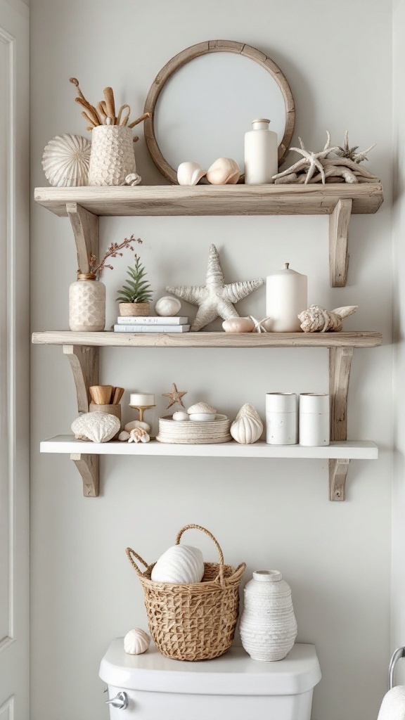 Decorative bathroom shelves with a coastal theme featuring shells, a mirror, and a basket.