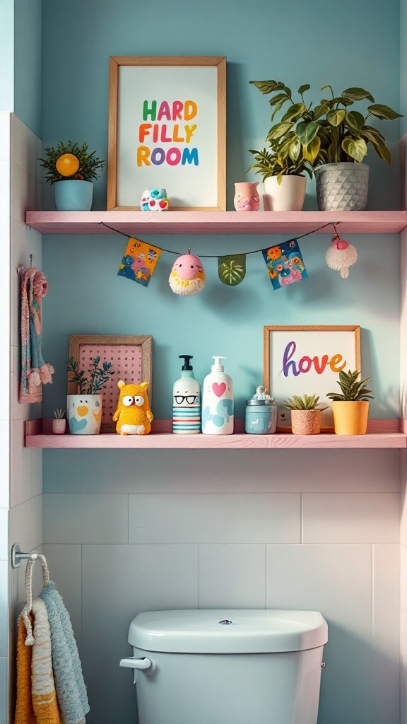 Decorative bathroom shelf with colorful accents and playful decor.