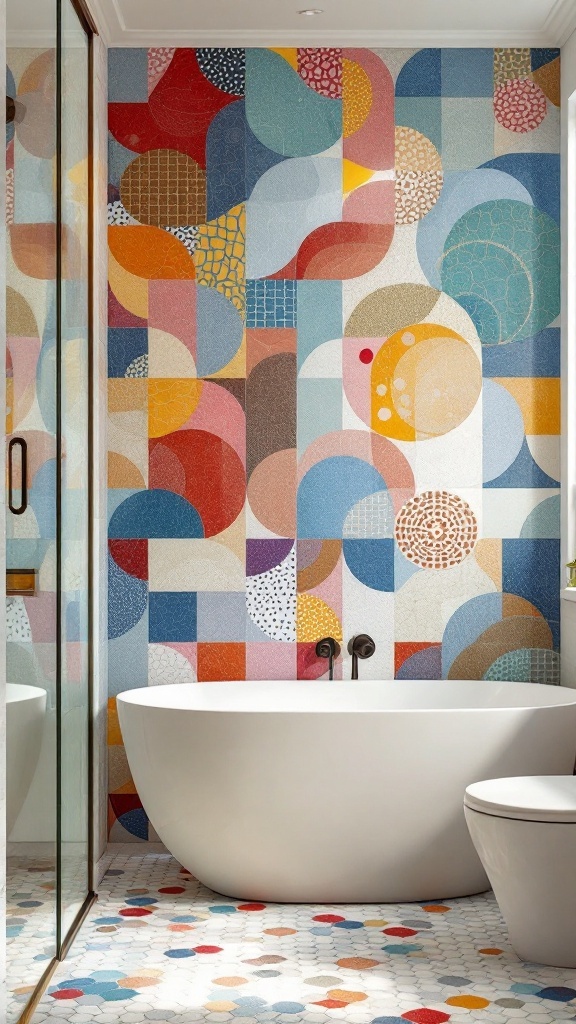 Colorful tiled accent wall in a modern bathroom featuring geometric patterns and vibrant colors