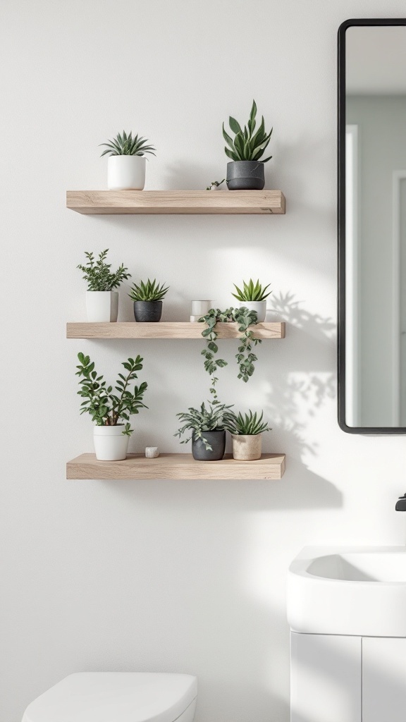 Floating wooden shelves with various succulents in a modern bathroom setting.