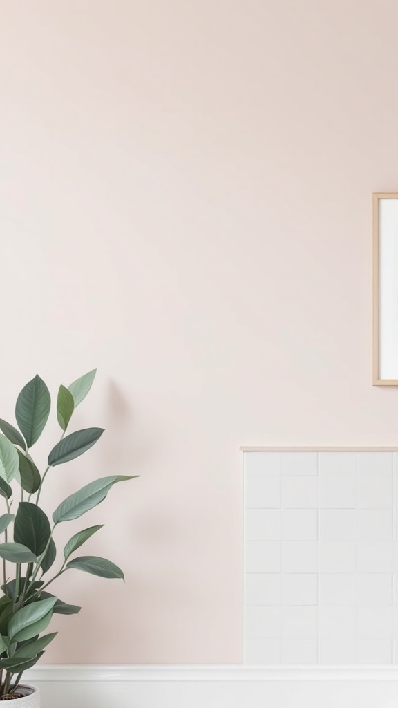 A light and airy bathroom wall with framed botanical prints and a green plant.