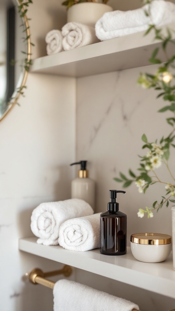 A bathroom shelf displaying neatly rolled towels, elegant soap dispensers, and a plant, highlighting functional decor.