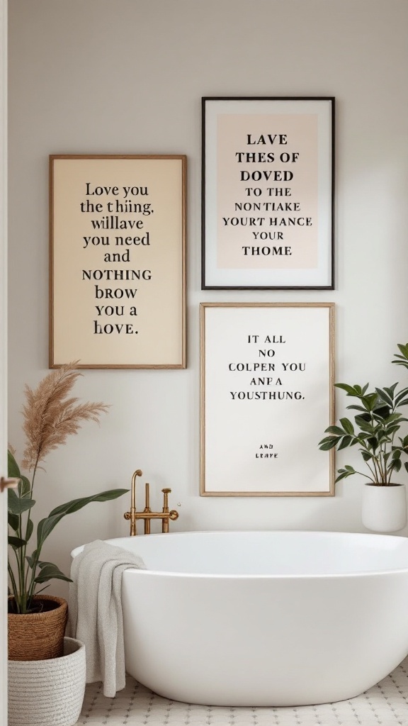 Bathroom decor featuring inspirational quote wall hangings with quotes about love and positivity