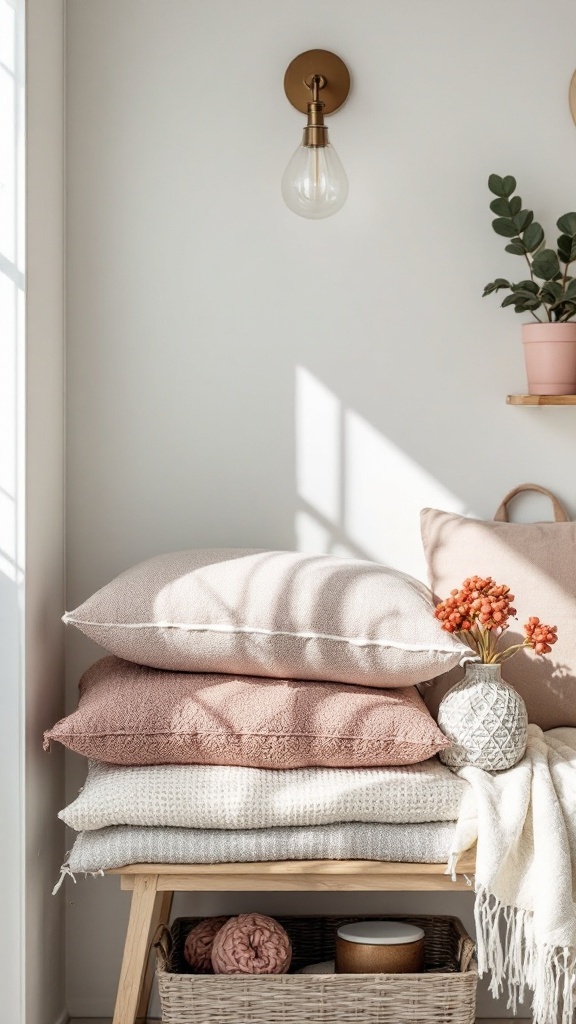 A cozy bathroom shelf with layered pillows, a small plant, and decorative items.