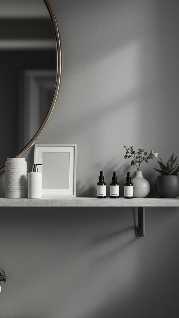 Minimalist bathroom shelf with essential oils, plants, and decorative items