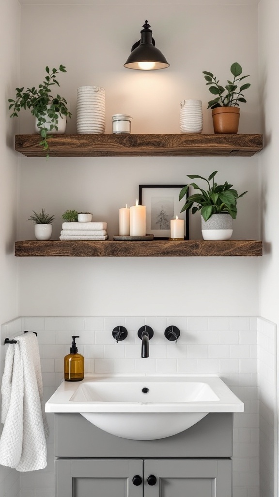 A bathroom with rustic wood shelves holding plants, candles, and decorative items.