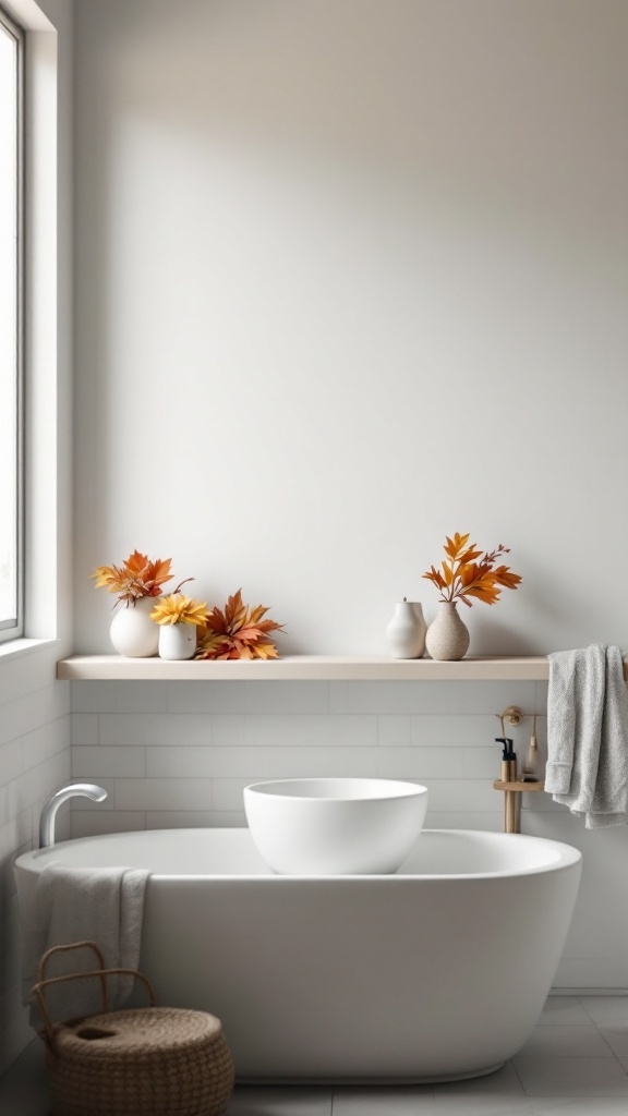 A cozy bathroom featuring autumn-themed decor with leaves in vases on a shelf.