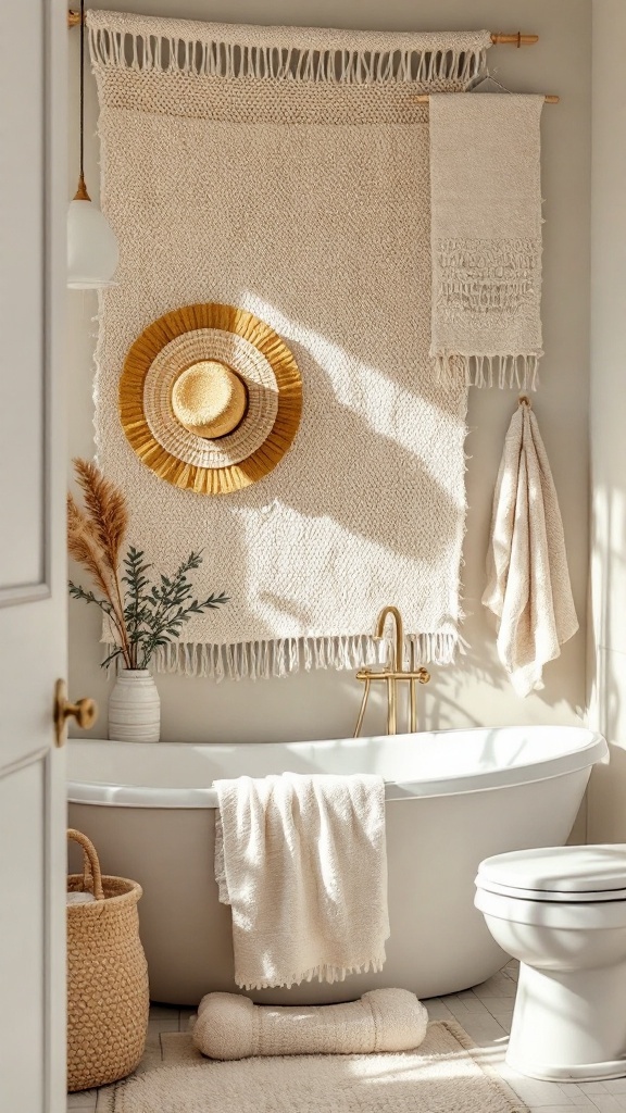 A cozy bathroom featuring textured fabric wall hangings, woven hats, and soft towels.
