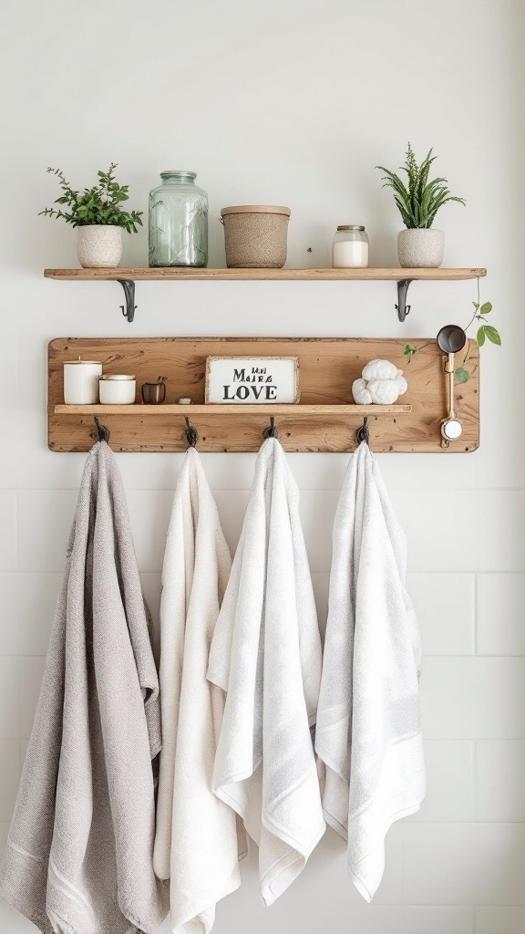 A rustic wooden shelf with vintage-style hooks displaying white and gray towels, along with potted plants and decorative items.
