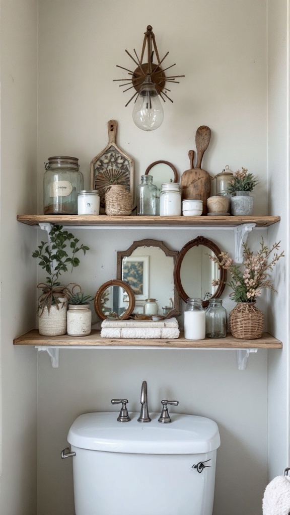 A beautifully arranged vintage-inspired bathroom shelf with jars, mirrors, plants, and wooden utensils.