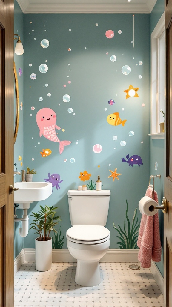 Colorful wall decals featuring sea creatures and bubbles in a bathroom setting