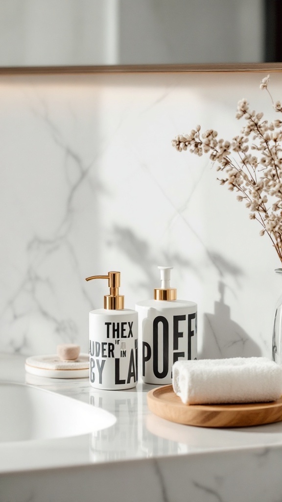 Stylish bathroom counter with artistic soap dispensers and decorative elements