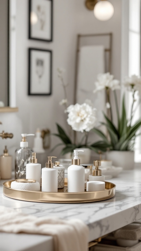 Elegant bathroom counter arrangement with a gold tray featuring various apothecary bottles and flowers.