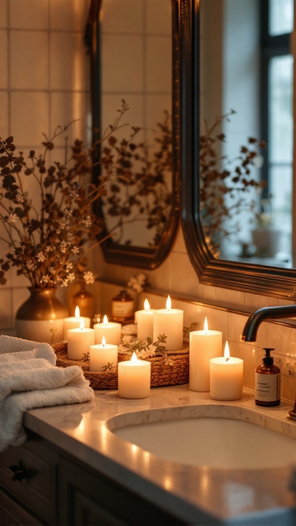 A beautifully arranged bathroom counter with lit candles and decorative elements.