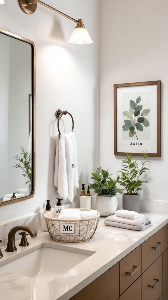 A stylish bathroom counter with personalized decor including a basket with labeled towels, plants, and wall art.