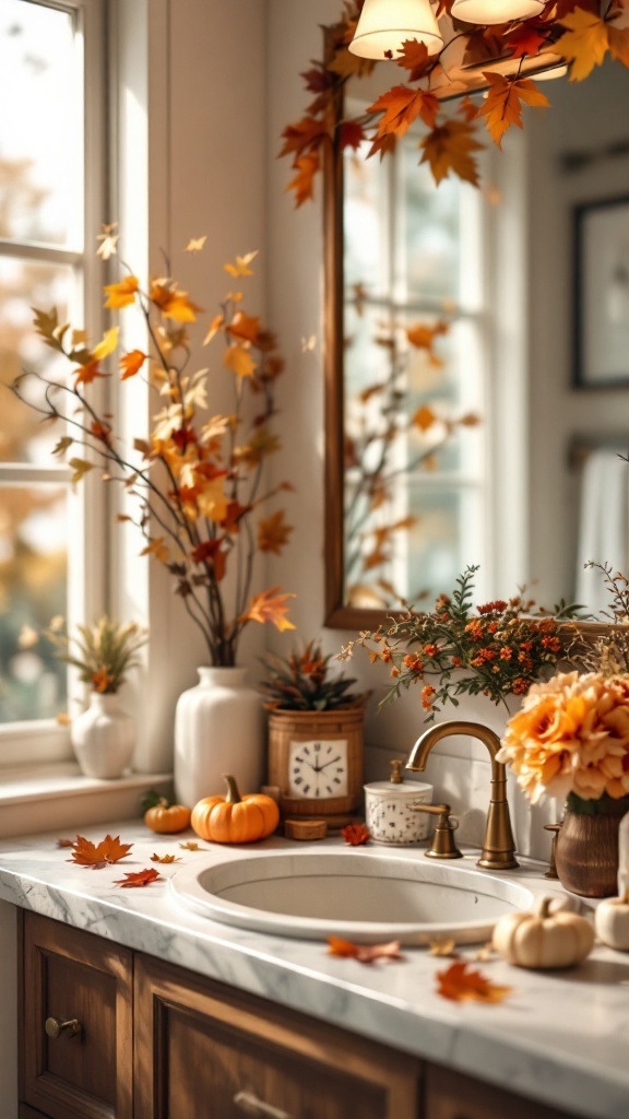 Bathroom counter decorated for autumn with pumpkins, flowers, and colorful leaves.