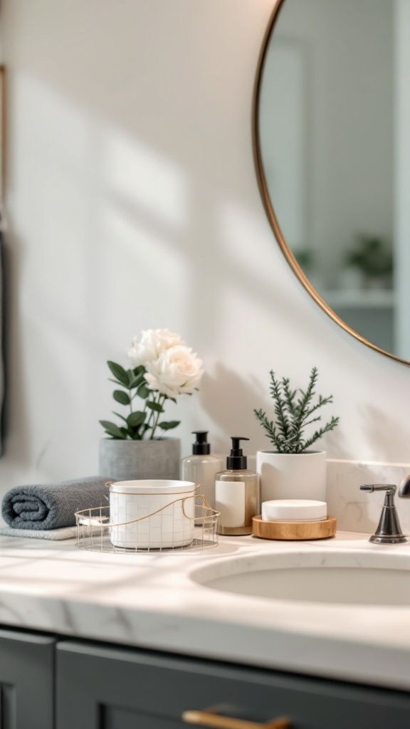 A beautifully organized bathroom counter with decorative items, plants, and storage solutions.